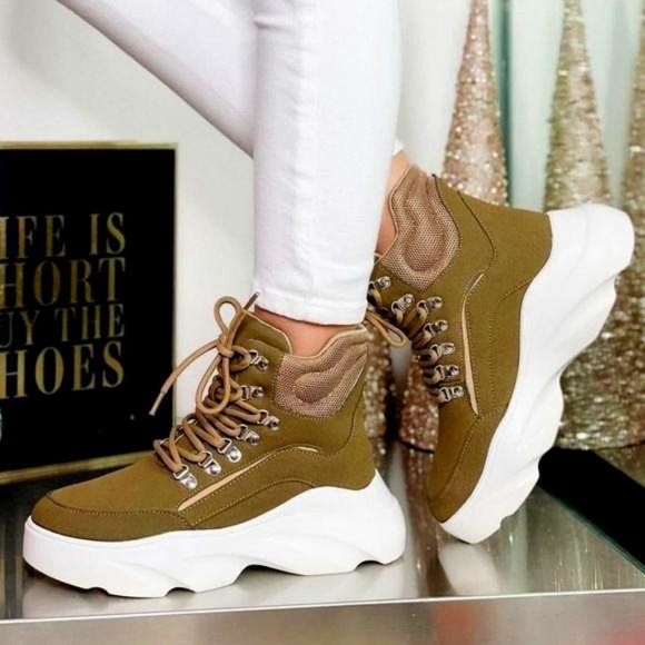 Platform Bubble Sole Lace Up Sneakers in Khaki - Picture 2 of 8